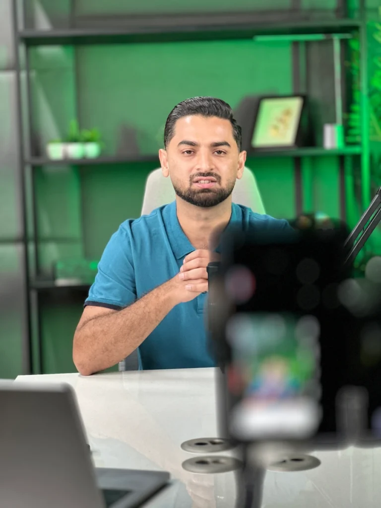 Balanced talking-head framing in a small studio